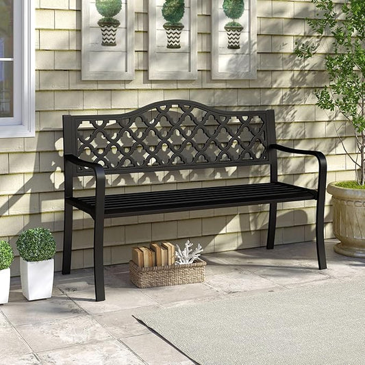 Giantex Metal Outdoor Bench with Backrest, Curved Armrests, Slatted Seat for 2-3 Persons, Load 660 lbs, 47''x16'' Heavy-Duty Seating, Patio Garden Bench for Backyard, Poolside, Porch, Park, Black