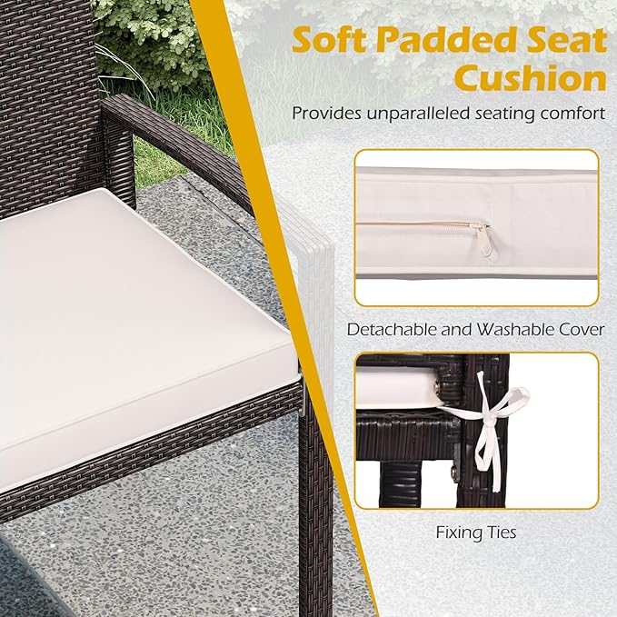 Byroce Outdoor Rattan Bench, Patio Loveseat with Backrest, Armrest & Removable Cushion, Upholstered Wicker Love Seat Furniture for Balcony, Backyard, Porch & Garden, Rustic Brown