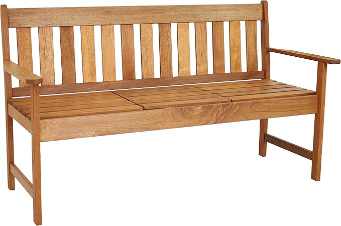 Sunnydaze Meranti Wood Outdoor Patio Bench with Built-in Pop-Up Table - Teak Oil Finish - 60-Inch