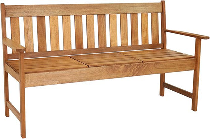 Sunnydaze Meranti Wood Outdoor Patio Bench with Built-in Pop-Up Table - Teak Oil Finish - 60-Inch