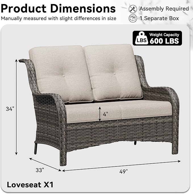 Wicker Patio Loveseat, 2 Seat Outdoor Couch with Thickened Olefin Cushions, High Back and Deep Seating, Hand-Woven PE Rattan for Porch, Deck, Balcony