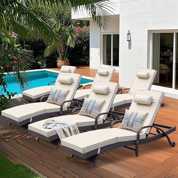 NOBLEMOOD Outdoor Lounge Chairs Set of 6 Beach Wicker Chaise Lounge with Wheels, Cushion, Adjustable Backrest and Pillow for Outside Pool Sun Shelf Tanning Bathing (Khaki)