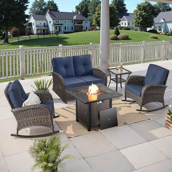 Belord 5 Piece Patio Furniture Set with 50000 BTU Propane Fire Pit Table, All-Weather Patio Rocking Chairs - Photo 1