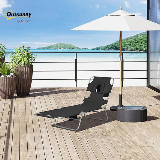 Outsunny Chaise Lounge Chair Outdoor with Face Arm Hole, 5-Position Reclining Face Down Tanning Chair with Carry Strap, Side Pocket, Portable Folding Bed Cot for Patio Beach Pool, Black