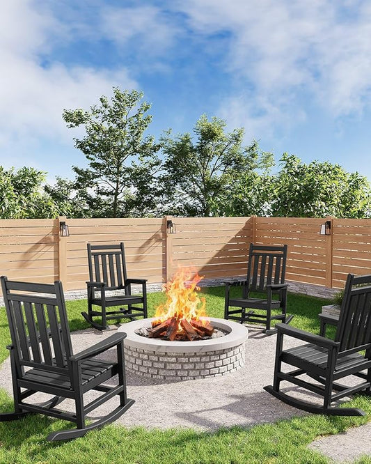 HDPE Rocking Chair Outdoor Set of 4 - Poly High Back Porch Rocker Chairs for Adults - All Weather Resistant Furniture for Patio Front Porch - Black