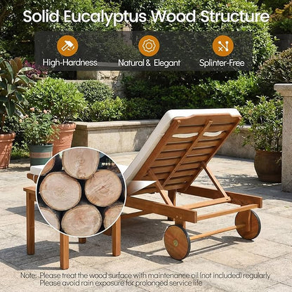Tangkula Folding Lounge Chairs Outdoor Set of 2, Patio Eucalyptus Wood Chaise Lounge with 5-Level Adjustable Backrest & Cushions, Portable Beach Pool Sunbathing Recliner with Wheels for Outside