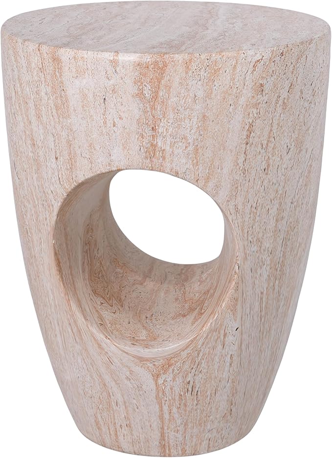 Merax 19.29" H Modern Round MgO Side Table with Cutout Accent, Faux Marble Outdoor Garden Stool & Indoor End Table, Weather Resistant Decorative Accent Table, No Assembly Required, Beige Marble