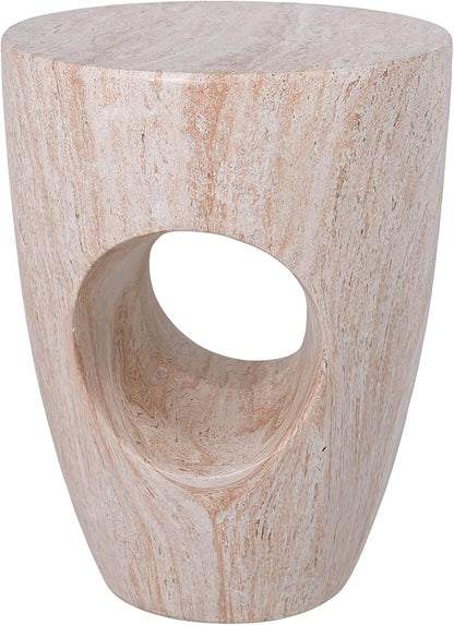 Merax 19.29" H Modern Round MgO Side Table with Cutout Accent, Faux Marble Outdoor Garden Stool & Indoor End Table, Weather Resistant Decorative Accent Table, No Assembly Required, Beige Marble