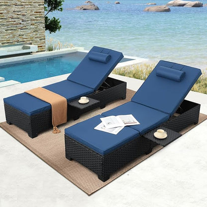 WAROOM Outdoor Chaise Lounge Chairs for Outside Patio Furniture Set of 2 Wicker Recliner Black Rattan Sunbathing Lounger Adjustable Backrest Pool Reclining Chair, Navy Blue Cushion