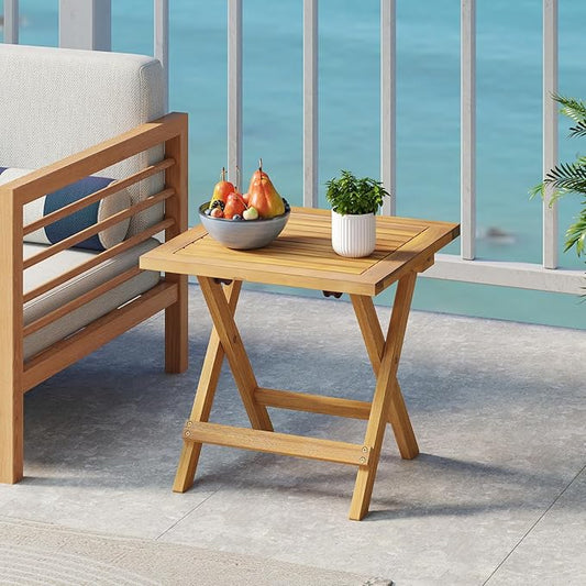 Tangkula Outdoor Folding Side Table, Acacia Wood End Table with X-Shaped Legs & Slatted Tabletop, Portable Square Patio Bistro Table for Garden, Poolside, Camping, Picnic, 16" x 16" x 16" (2)