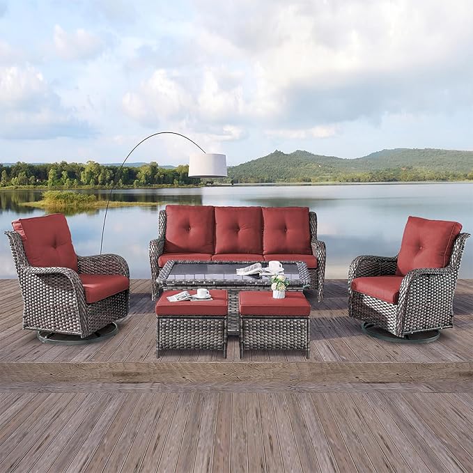 Rilyson Wicker Patio Furniture Set - 6 Piece Rattan Outdoor Sectional Conversation Sets with 2 Rocking Chair, 2 Ottoman - Photo 7