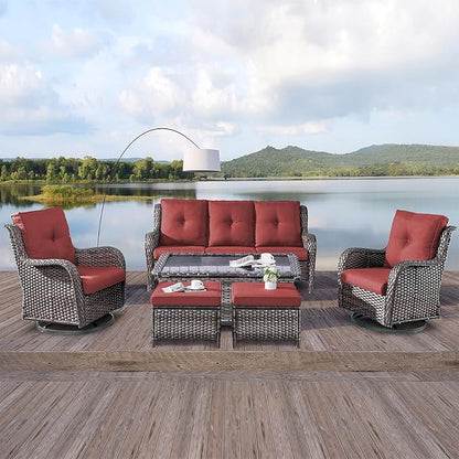 Rilyson Wicker Patio Furniture Set - 6 Piece Rattan Outdoor Sectional Conversation Sets with 2 Rocking Chair,2 Ottoman,1 Sofa and 1 Coffee Table for Porch Deck Garden(Mixed Grey/Red)
