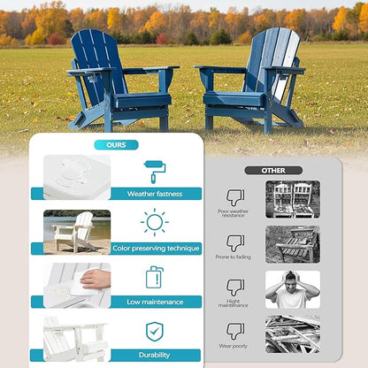 Folding Outdoor Adirondack Chairs Set of 1 with HDPE Side Tables-Plastic Weather Resistant Patio Chairs with Small Outdoor Side Tables 2 Storage for Patio,Fire Pit, Garden and Backyard