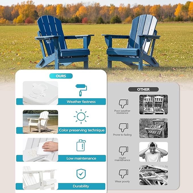 Folding Outdoor Adirondack Chairs Set of 4 with High&Reclining Back-HDPE Weather Resistant Patio Chairs with Cup and Phone Holder for Patio,Fire Pit, Garden and Backyard
