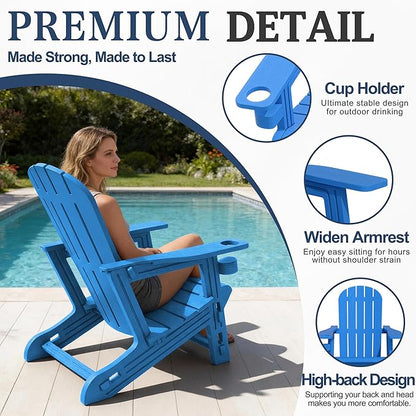 Vongrasig Adirondack Chairs Set of 2 with Removable Tabletop, All-Weather HDPE Outdoor Chair Set with Wooden Textured, Cup Holder for Patio, Poolside, Deck, Garden, Light Blue