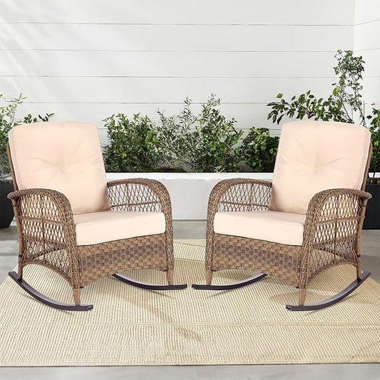 MEETWARM Outdoor Wicker Rocking Chairs Set of 2, Rattan Patio Rocker Chairs with Thick Cushions and High Back, All-Weather Patio Wicker Chair with Safe Rocking Design for Garden, Brown/Beige