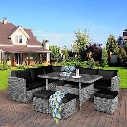 COSTWAY 7 PCS Wicker Outdoor Conversation Set, Patio Sectional Furniture Sofa Set with Table & Seat Cushions, Rattan Furniture Sets for Backyard Garden Poolside Porch, Black