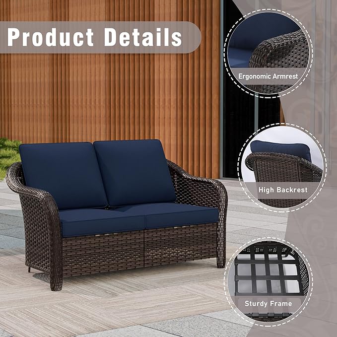 3 Piece Patio Wicker Conversation Set, All-Weather Use Outdoor Wicker Loveseat with 2 PE Rattan Chair, Ideal for Porch - Photo 5