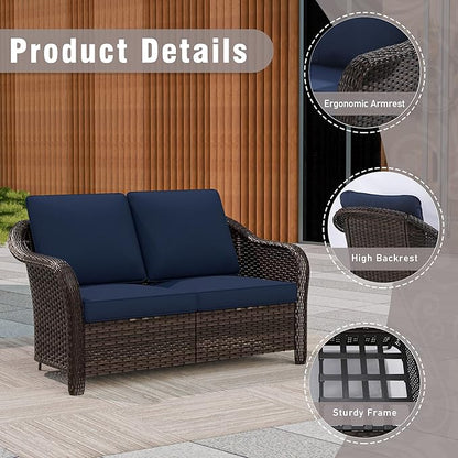 8 Piece Patio Wicker Conversation Set, All-Weather Use Outdoor Wicker Loveseat with 2 PE Rattan Ottomans,4 Swivel Chair, 1 Side Table, Ideal for Porch, Backyard, Balcony, Poolside, Blue