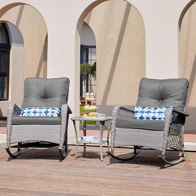 UDPATIO 3 Piece Patio Furniture Set, Wicker Rocking Bistro Set with 2 Rockers, 1 Side Table and 4‘’ Thick Cushions for Backyard, Porch, Balcony, Poolside, Porch, Balcony, Poolside, Grey