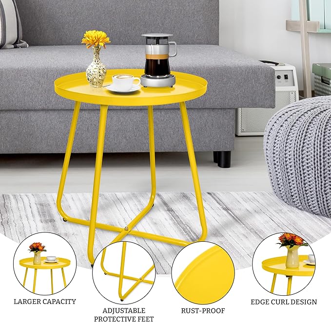 CODIN Set of 2 Outdoor Side Table Outdoor, Metal Side Table Small Round Side Table Weather Resistant End Table Patio Table for Garden Porch Balcony Yard Lawn (2, Yellow)