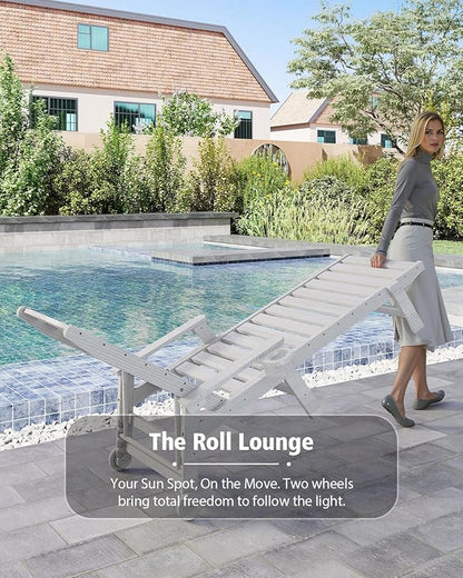 Domi Patio Lounge Chair Outdoor, HDPE Outdoor Chaise Lounge with Reclining Backrest, Pool Lounger Chair for Outside, Poolside, Sunbathing Tanning, White