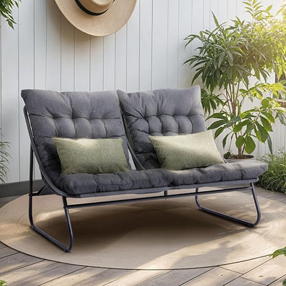 Patio Loveseat, Outdoor Double Chair, Oversized Padded Comfy Outdoor Love Seat, 2 Seater Couch with Cushion, All-Weather Patio Conversation Furniture for Porch Balcony Poolside, Dark Grey