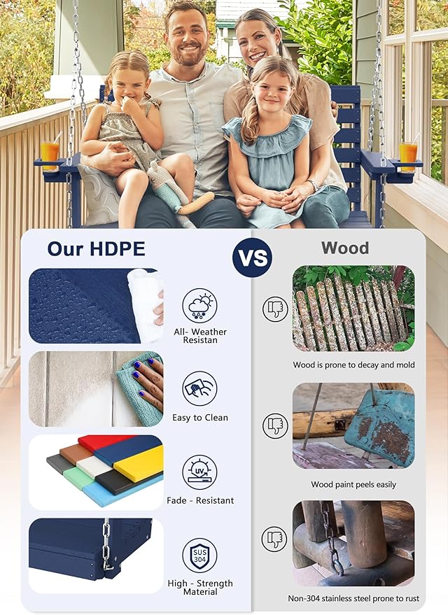 Plawdlik Porch Swings,2 Seat Patio Chair with Two Cup Holders,HDPE Waterproof Bench for Courtyard-Navy Blue - Photo 6