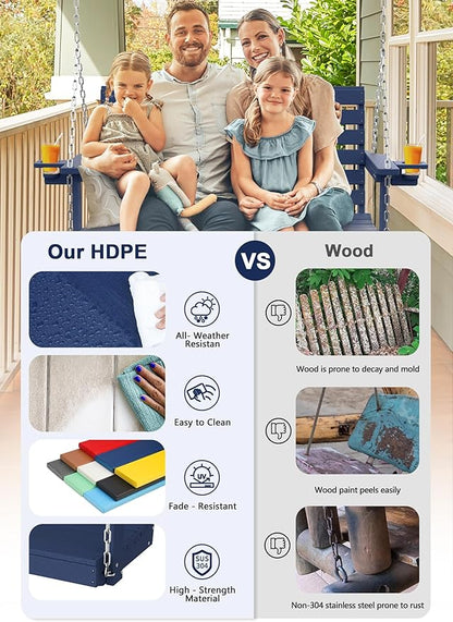 Plawdlik Porch Swings,2 Seat Patio Chair with Two Cup Holders,HDPE Waterproof Bench for Courtyard-Navy Blue