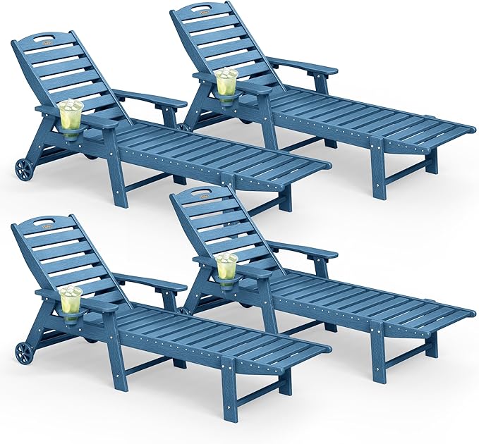 Lounge Chair Outdoor Set of 4 with Wheels, Adjustable 5-Position Chaise Lounge Outdoor, Patio Lounge Chair for Poolside Backyard, Navy Blue