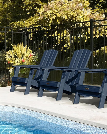 Folding Adirondack Chair 6 Pack, HDPE All-Weather Fire Pit Chairs, Plastic Adirondack Chairs with 2 Cup Holder, Outdoor Lawn Chair for Patio Garden (Navy Blue)