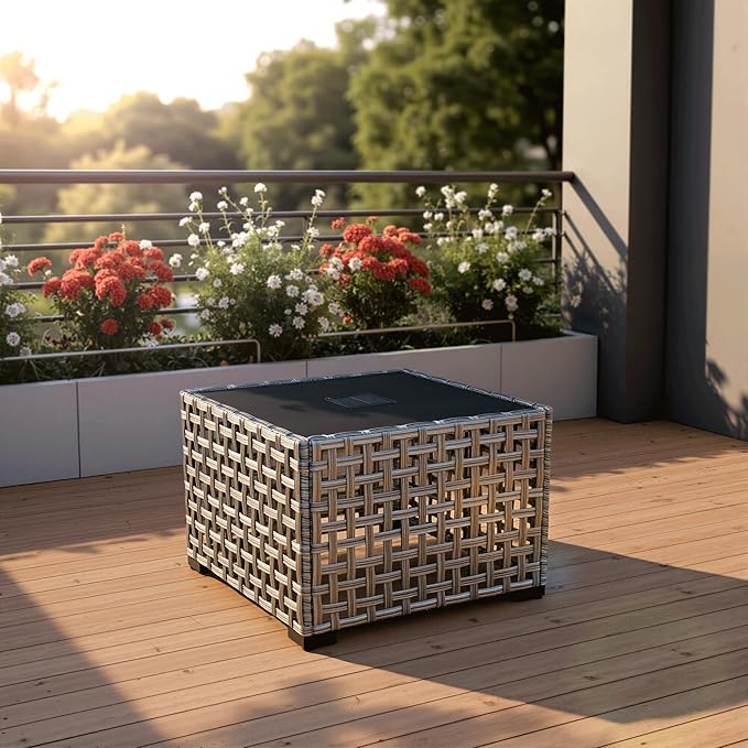 ovios Outdoor Side Table with Tempered Glass Top, Patio Wicker Solar Table - Photo 7