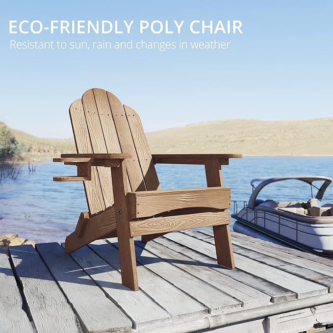 LUE BONA Folding Adirondack Chair Set of 2, HDPS Weather Resistant Patio Chair, 350lbs Heavy Duty, One-Step Folding for Balcony Garden, Wood Grain Texture, Outdoor Fire Pit Seating, Brown