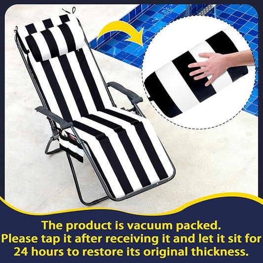 RattanView 2 Pcs Outdoor Chaise Lounge Cushion with Pillow and Side Pockets Waterproof Lounge Chair Cushions for Outdoor Furniture Patio Lounger Pad for Outside Pool Lawn (Black White,72 x 21 x 4)