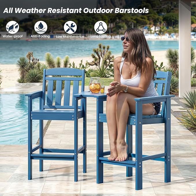 Soohow Tall Adirondack Chairs Set of 2, HDPE Adirondack Bar Stools with Connecting Tray, Bar Height Adirondack Chair Patio Barstool, Ideal All Weather Tall Patio Chair for Balcony, Poolside, Backyard
