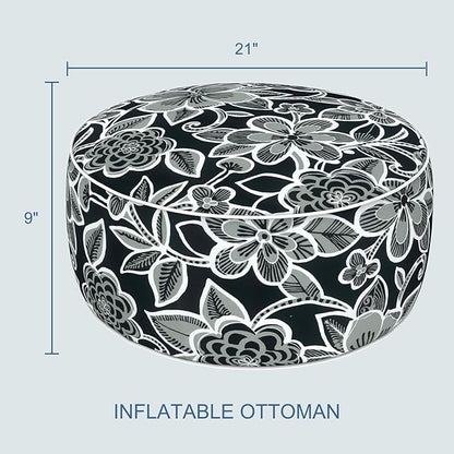 LVTXIII Indoor/Outdoor Inflatable Ottoman with Handle D21 x H9 Inch, Weather-Resistant Round Footstool Pouf for Patio Camping Living Room, Portable Footrest Extra Seating, Flower Black