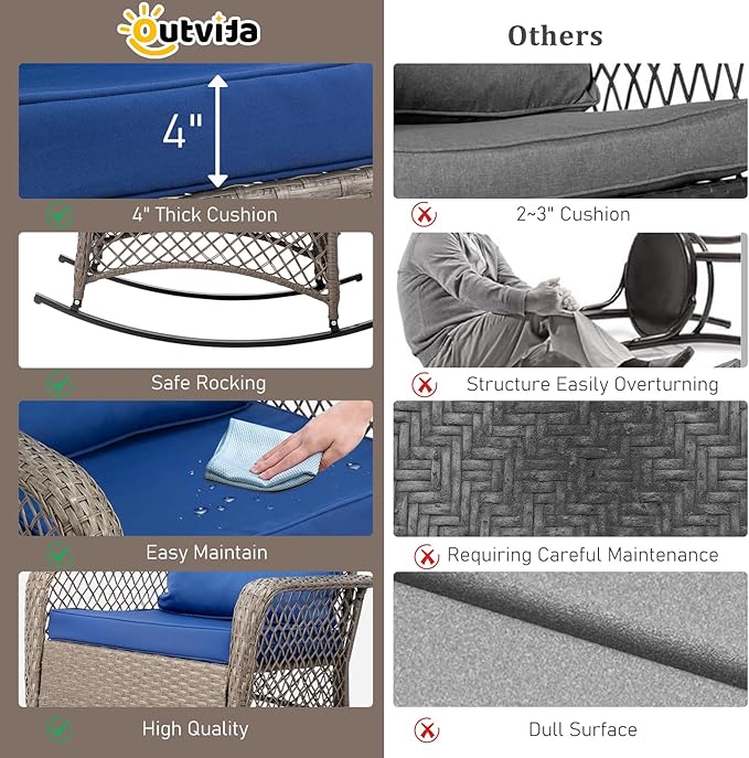 Outvita Outdoor Wicker Rocking Chair, Patio Rattan Rocker Chair w/Cushions & Steel Frame, All-Weather Rocking Lawn Wicker Furniture for Garden Backyard Porch Deck (Navy Blue)