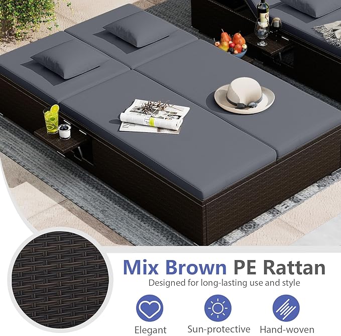 RELAX4LIFE Rattan Outdoor Patio Daybed - Wicker Double Chaise Lounge Chair w/6-Position Backrest, Folding Side Trays - Photo 7