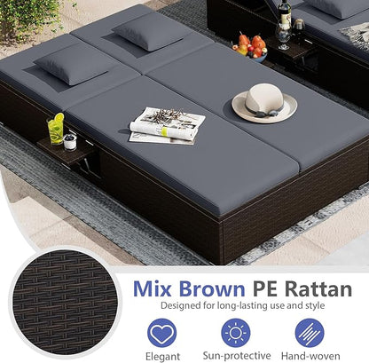 RELAX4LIFE Rattan Outdoor Patio Daybed - Wicker Double Chaise Lounge Chair w/6-Position Backrest, Folding Side Trays, Cushion, Recliner Loveseat Sunbed for Yard Pool, 2-Seater Patio Bed Lounger (Gray)