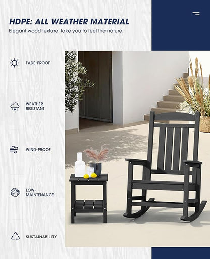 KINGYES HDPE Outdoor Rocking Chair Set of 4, Widened Seat Patio Rocking Chair, Oversized All Weather Patio Rocker, Black