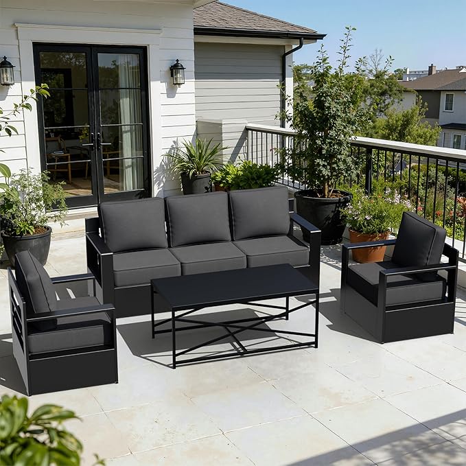 Outdoor Aluminum Furniture Set, 4-Piece Patio Conversation Set, 2 Chairs, 1 Sofa and 1 Table, All-Weather Metal Frame, 6" Thick Removable Cushions, Deep Setting for Garden, Poolside and Porch