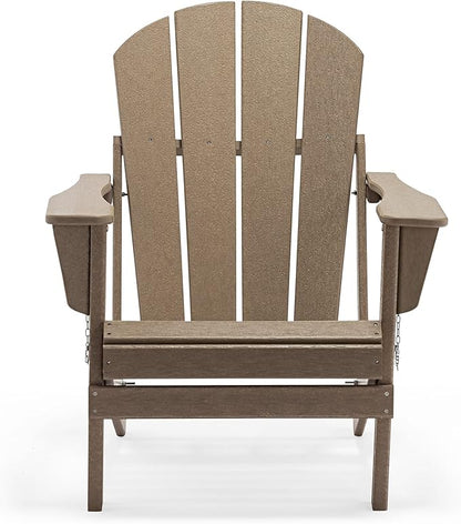 WO Home Furniture 3pc Set - HDPE Poly Adirondack Chair with Ottoman/Footrest and Square Side Table, All Weather and UV Resistant for Outdoor Patio Backyard, Garden, Weathered Wood