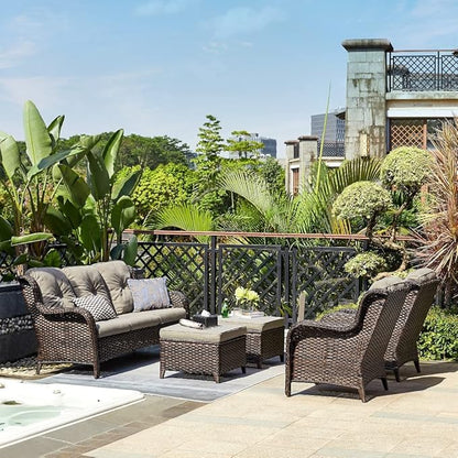 HUMMUH Outdoor Furniture 5 Pieces Patio Furniture Set Wicker Outdoor Sectional Sofa with 2 Patio Chairs,Ottomans
