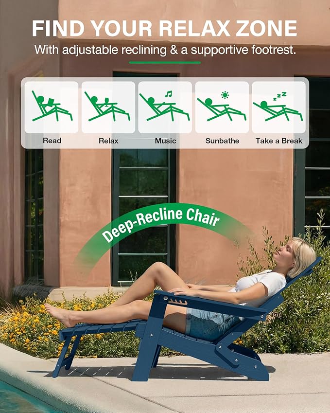 YEFU Adirondack Chair with Retractable Ottoman: Folding Adirondack Chairs Set of 2-5-Level Adjustable Backrest with Footrest - Fire Pit Chairs - Cup Holder - Outdoor Plastic Chair for Patio
