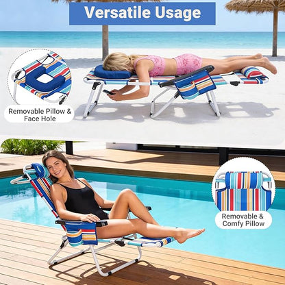 DoCred Heavy Duty Tanning Chair with Face Hole, Adjustable 5-Position Folding Chaise Lounge Chairs for Outside, Portable Lay Flat Beach Lounge Chair for Outdoor Sunbathing Beach Pool Lawn Camping