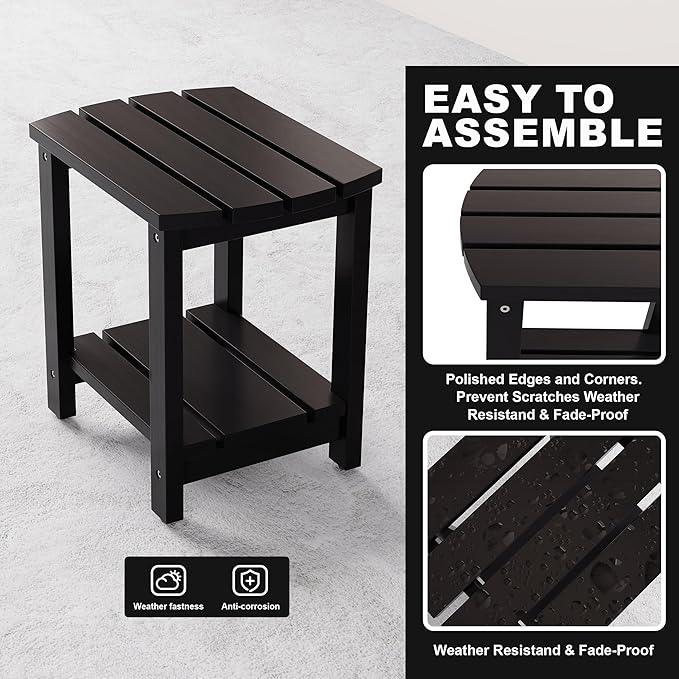 Adirondack Side Table, Double Outdoor Side Tables 18" Solid End Tables, Small Outdoor Coffee Table Pine Wood Weather Resistant for Patio, Backyard,Pool (18-Black, Set of 2)