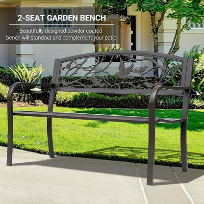Outsunny 50" Garden Bench, Outdoor Patio Bench with Animal Pattern, Cast Steel Metal Bench for Yard, Lawn, Porch, Brown
