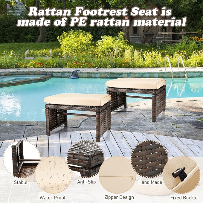 2 Pcs Patio Rattan Ottomans Outdoor Wicker Ottomans Patio Footstool Footrest with Removable Cushion Soft Zippered - Photo 3
