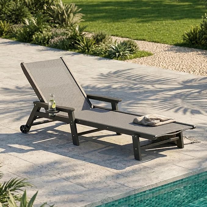 Patio Chaise Lounge Chair with Wheels & Cup Holder - Photo 1