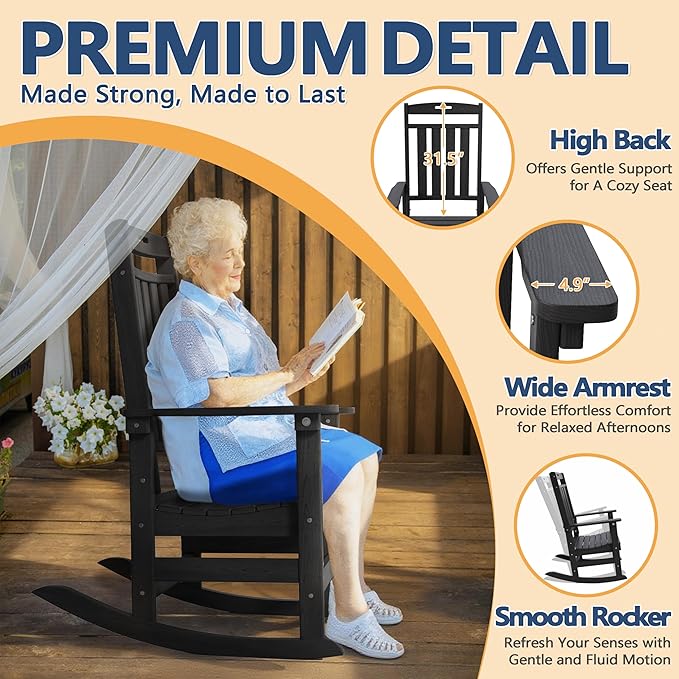 Outdoor Rocking Chair Oversized Set of 2, HDPE All Weather Resistant Patio Rocker, 31.5" High Back 21.5" Deep Seat Oversized Porch Chairs for Lawn Garden Deck Balcony 400lbs Capacity(Black)